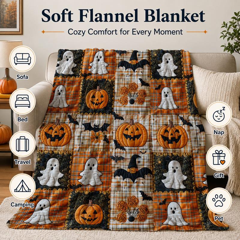 3D Effect Printed Halloween Pumpkin & Ghost Fleece Throw Blanket