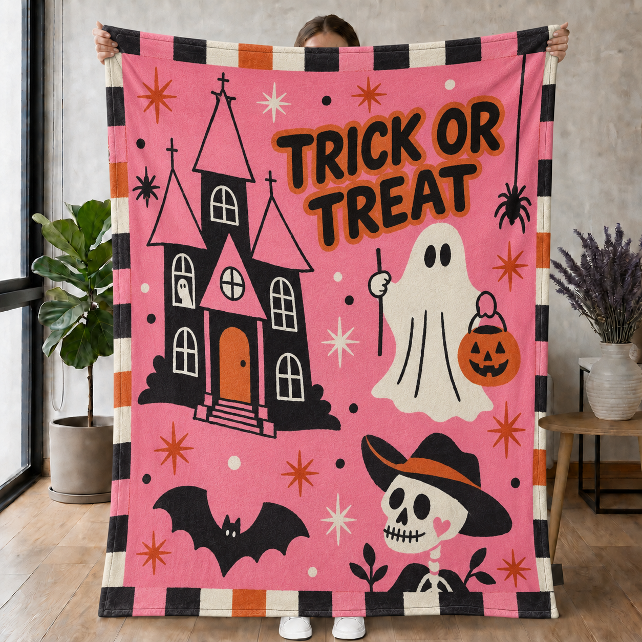 Pink Trick-or-Treat Ghost & Haunted House Halloween Blanket – Cute Spooky Season Throw