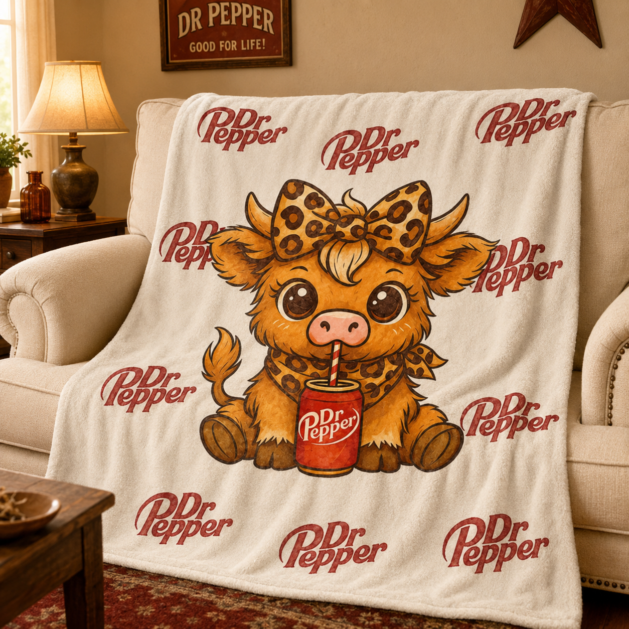 Highland Cow Dr. Pepper Print Cozy Throw Blanket - Adorable Farm Animal Home Decor