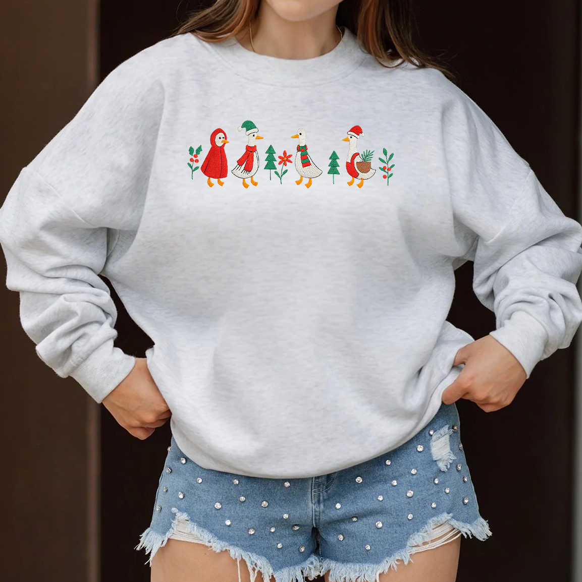 Christmas Embroidered Goose Sweatshirt