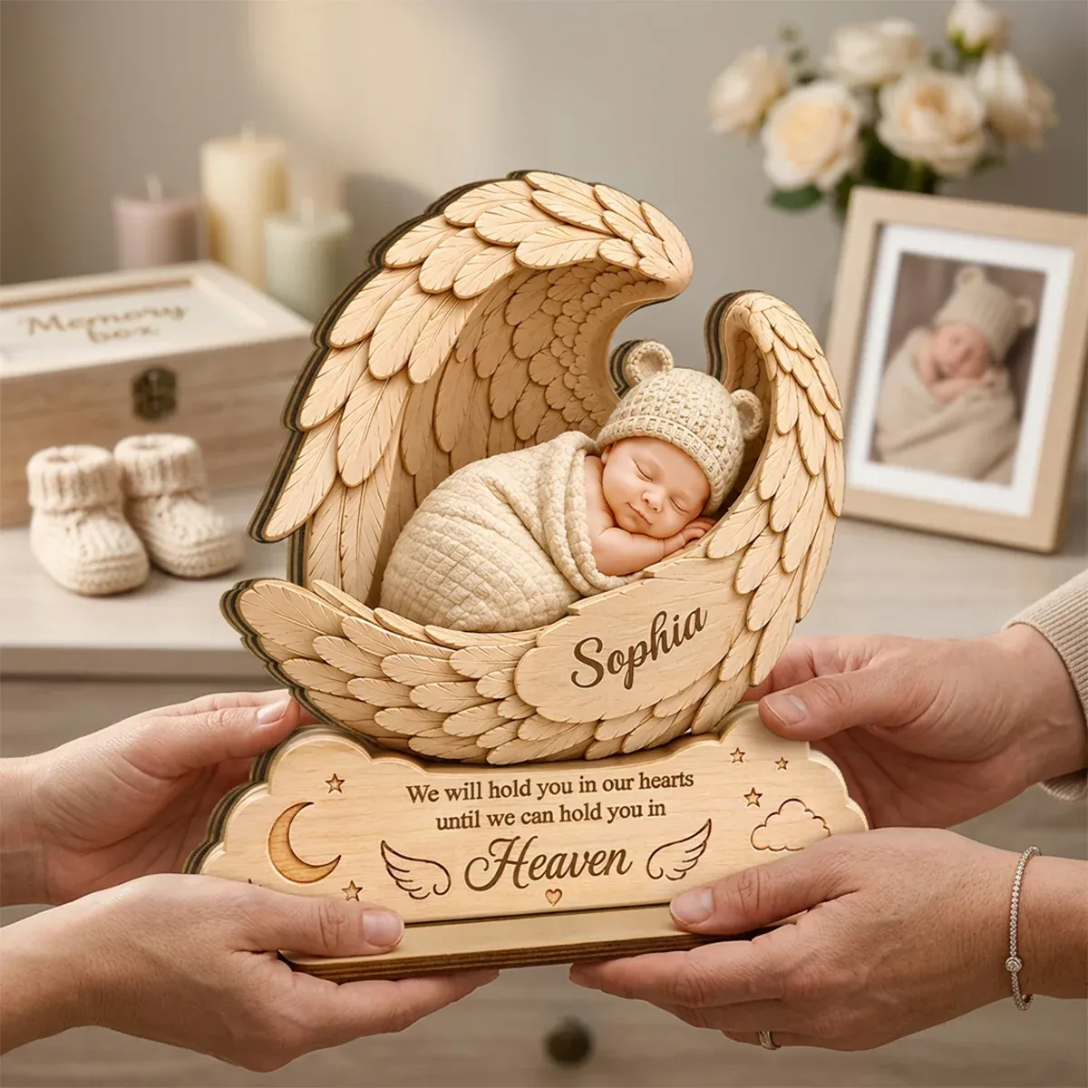 We Will Hold you in Our Hearts-Custom Wooden Baby Plaque