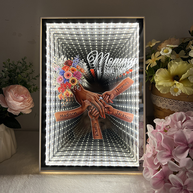 Personalized Mommy and Children Holding Hands Starry Mirror Light Box