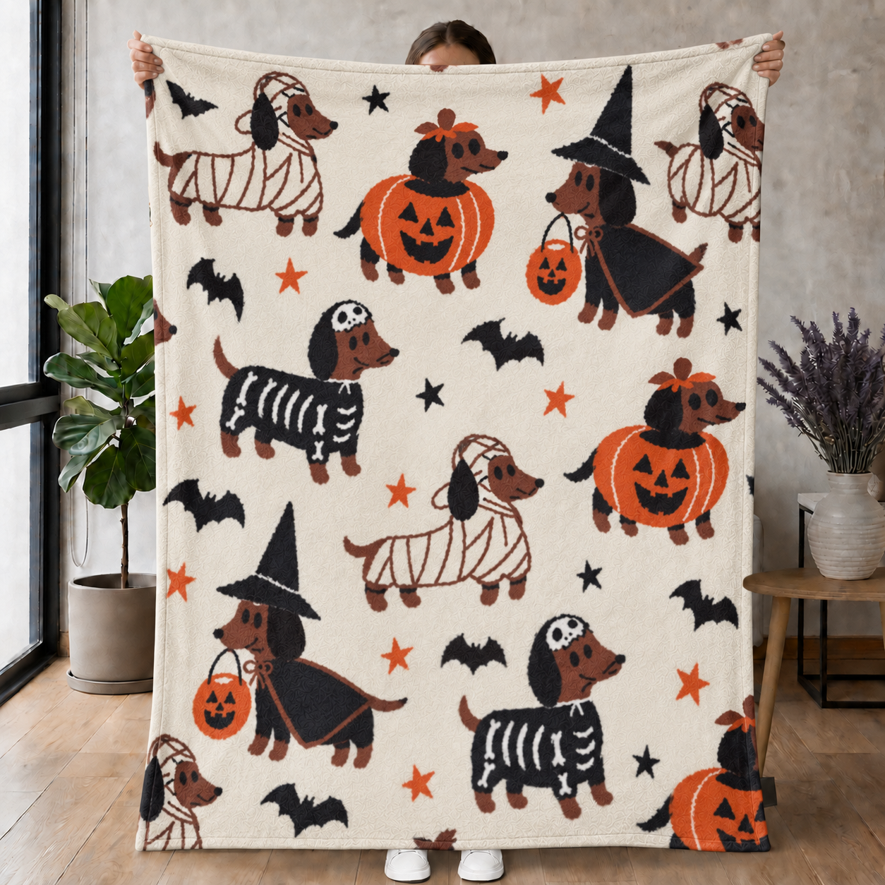 Cute Halloween Dachshund Costume Blanket – Spooky Dog Pattern Throw