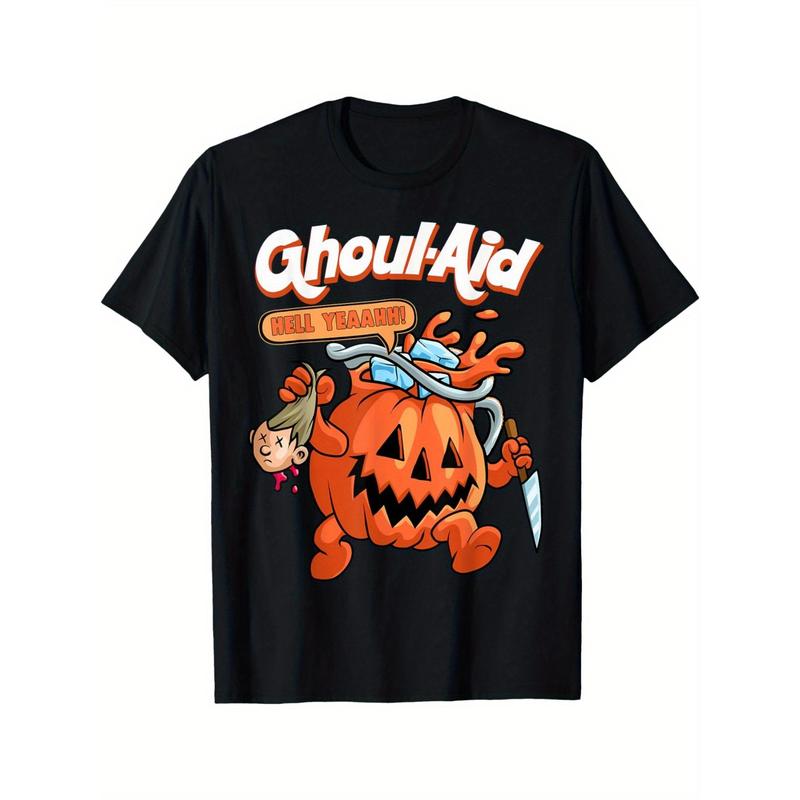 Men's Halloween Ghoul Aid Pumpkin Graphic T-Shirt - 100% Cotton, Short Sleeve, Crew Neck for Casual Wear Menswear Top