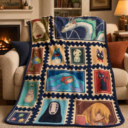 Whimsical Anime Fantasy Friends Patchwork Throw Blanket