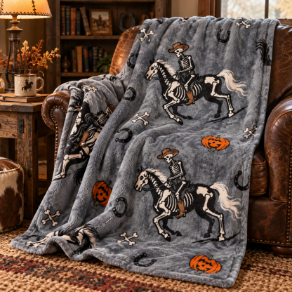 Western Skeleton Rider Halloween Throw Blanket