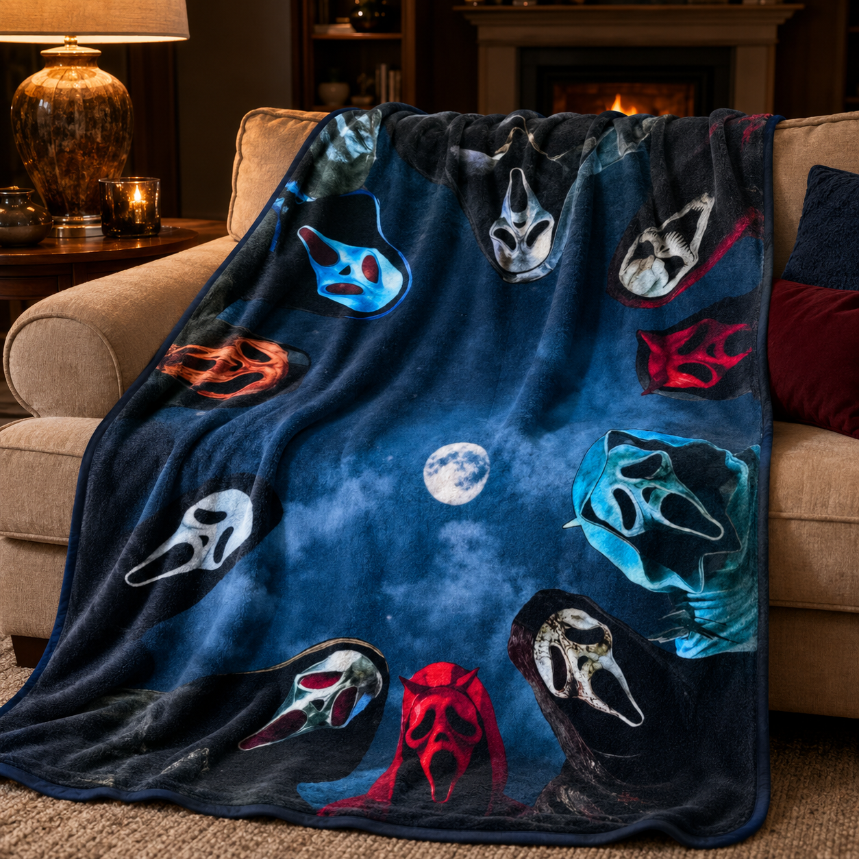 Colorful Masked Slasher Moonlit Horror Throw Blanket