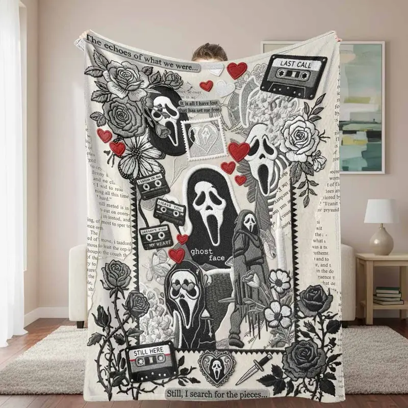 Ghost Face Roses Floral Cassette Embroidery Flannel Blanket