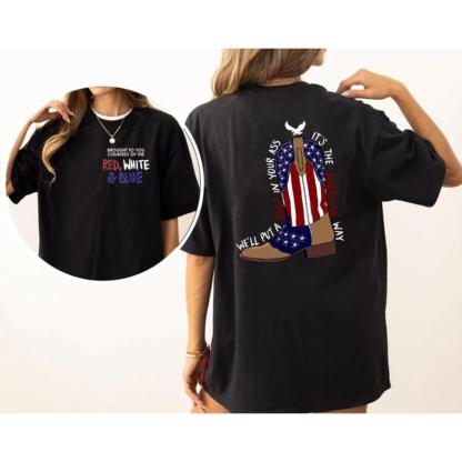 Red, White & Blue Patriotic Cowboy Boots Graphic T-Shirt – Vintage Independence Day Tee