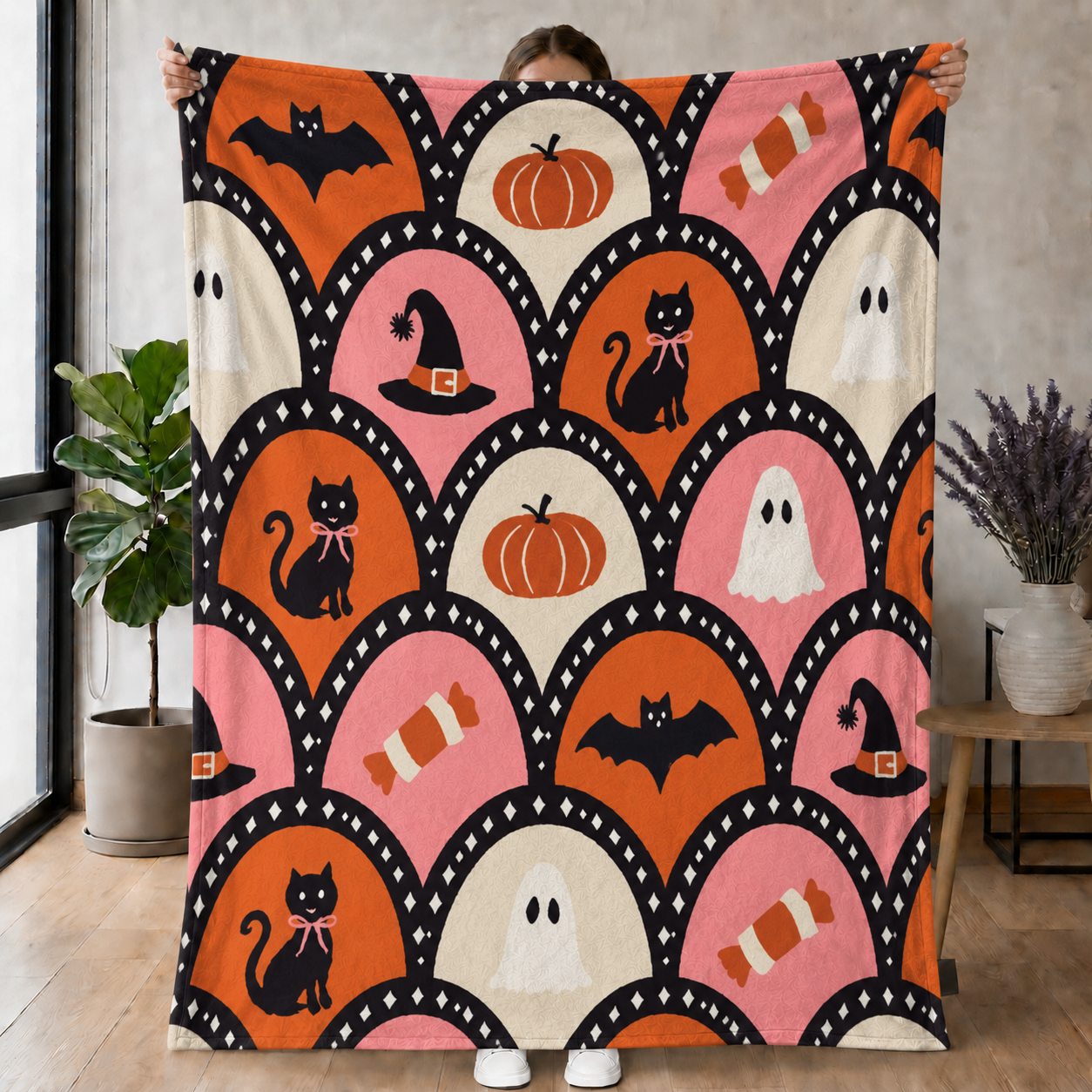 Retro Halloween Cat, Ghost & Pumpkin Pattern Blanket – Cute Spooky Season Throw