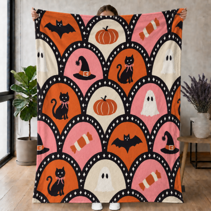 Retro Halloween Cat, Ghost & Pumpkin Pattern Blanket – Cute Spooky Season Throw