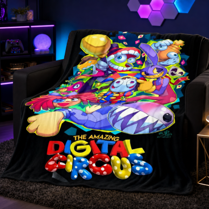 Whimsical Virtual Circus Adventure Character Blanket