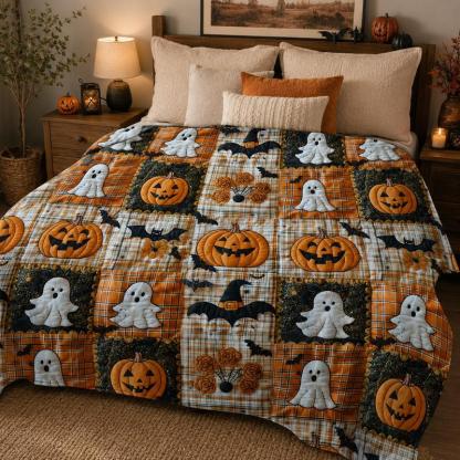3D Effect Printed Halloween Pumpkin & Ghost Fleece Throw Blanket