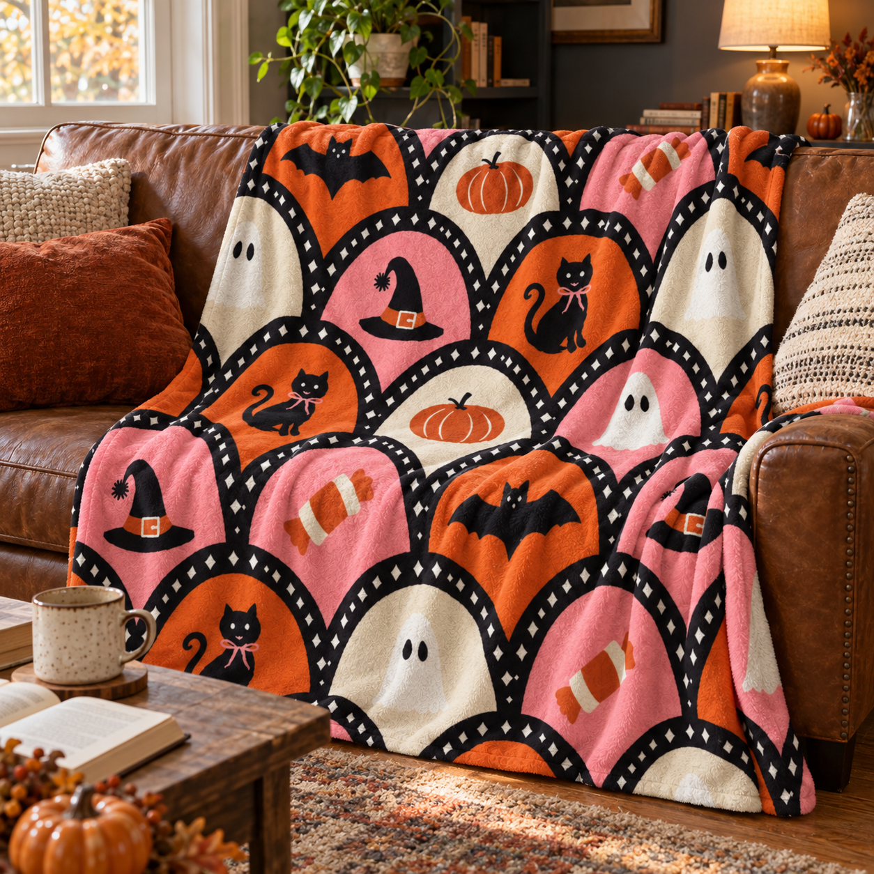 Retro Halloween Cat, Ghost & Pumpkin Pattern Blanket – Cute Spooky Season Throw