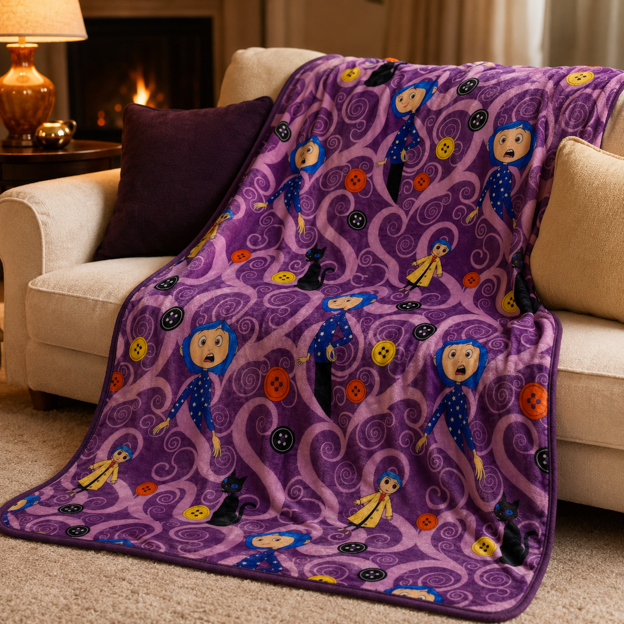 Button-Eyed Otherworld Adventure Purple Throw Blanket