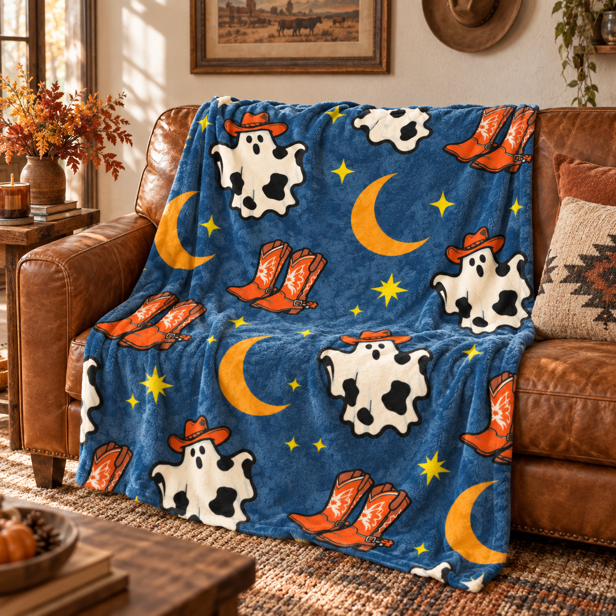 Cowgirl Ghost & Moon Halloween Throw Blanket