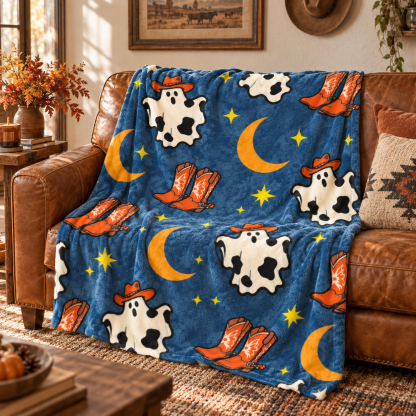 Cowgirl Ghost & Moon Halloween Throw Blanket