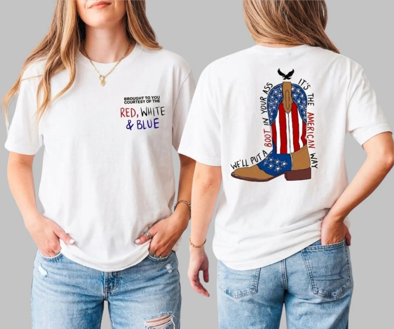Red, White & Blue Patriotic Cowboy Boots Graphic T-Shirt – Vintage Independence Day Tee