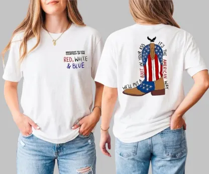 Red, White & Blue Patriotic Cowboy Boots Graphic T-Shirt – Vintage Independence Day Tee