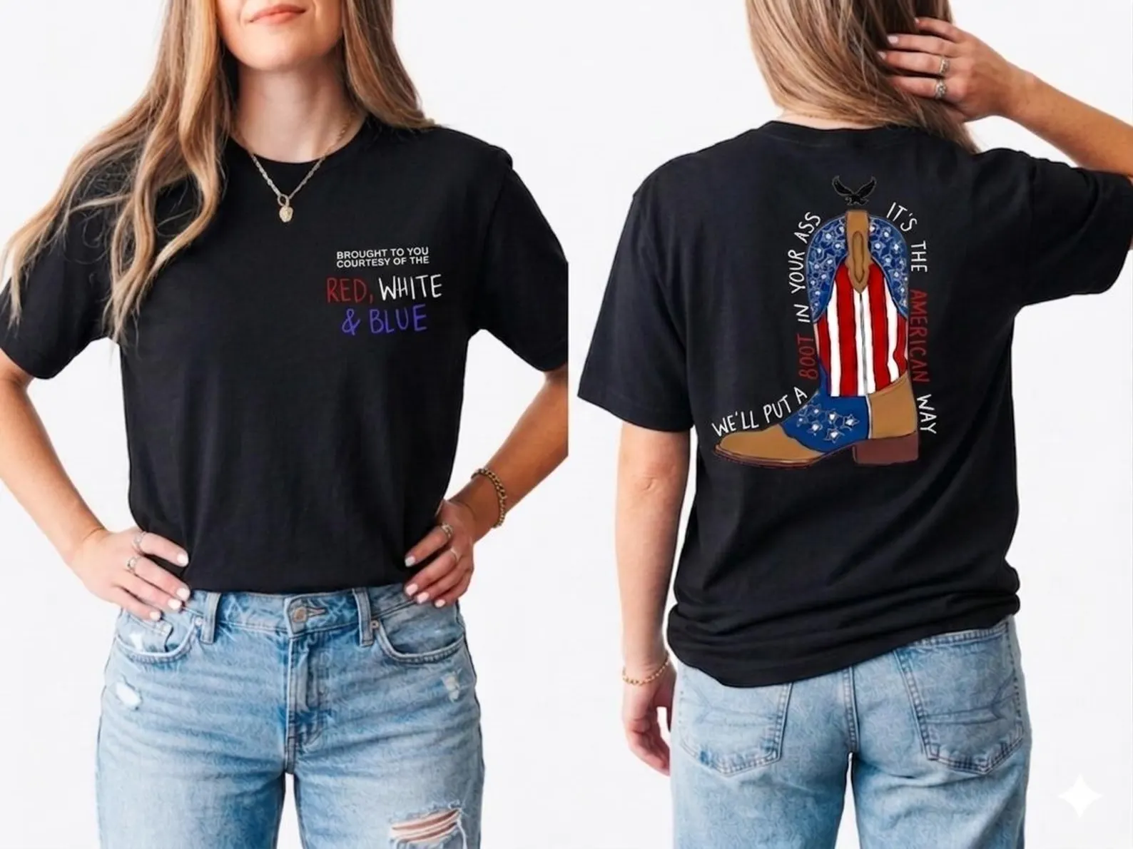 Red, White & Blue Patriotic Cowboy Boots Graphic T-Shirt – Vintage Independence Day Tee