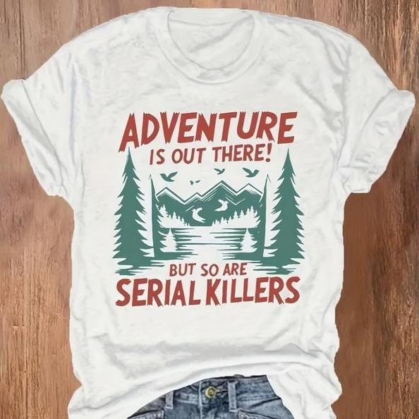 Women's Casual Short Sleeve T-Shirt - "Adventure Is Out There!" Mountain Lakes Graphic Print, Round Neck Summer, Machine Washable Outdoor Enthusiast Apparel, Everyday Comfort, Relaxed Fit