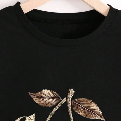 Leopard print cherry gold printed women's T-shirt, made of breathable and lightweight pure cotton material