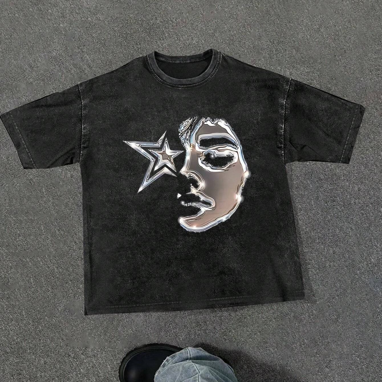 Figure & Star Print Drop Shoulder Tee- Casual Regular Fit Street Fashion Round Neck T-shirt