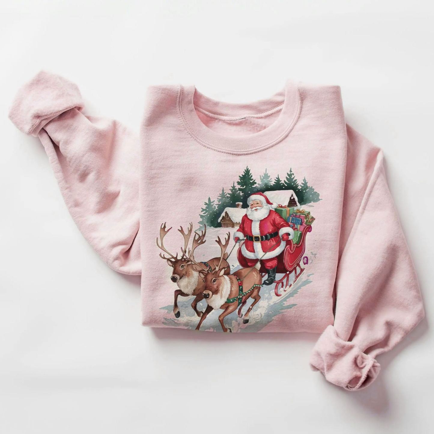 Retro Santa & Reindeer Christmas Winter Cabin Sweatshirt