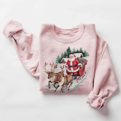 Retro Santa & Reindeer Christmas Winter Cabin Sweatshirt