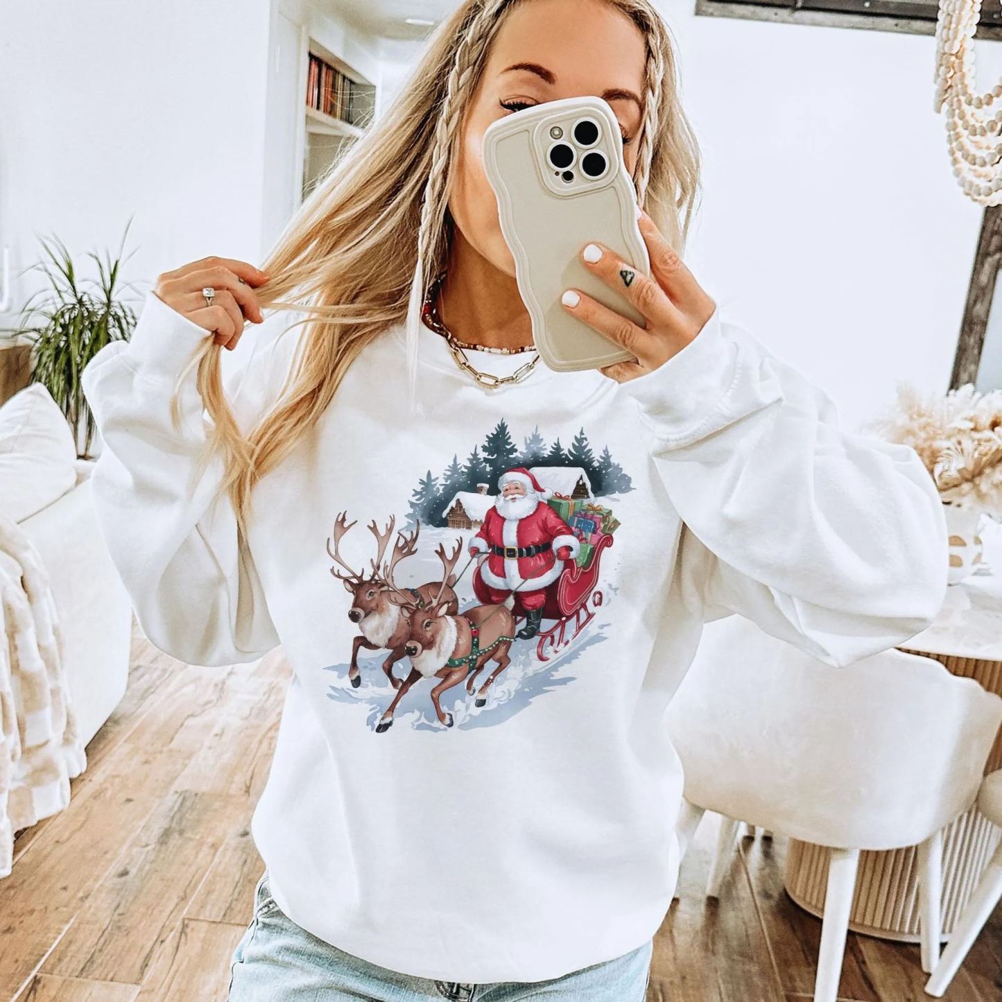 Retro Santa & Reindeer Christmas Winter Cabin Sweatshirt