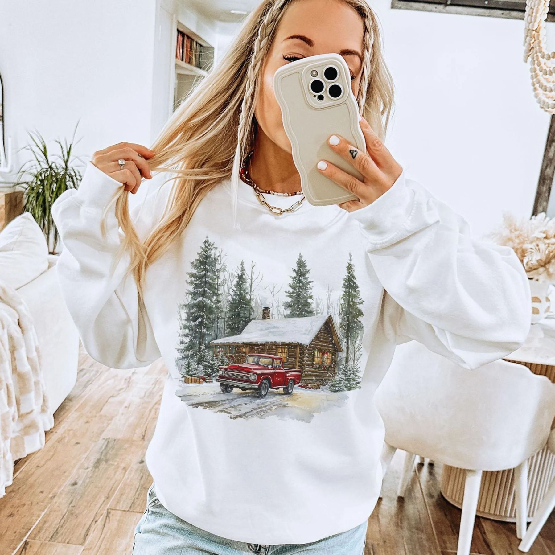 Retro Christmas Red Pickup Truck Winter Cabin Sweatshirt