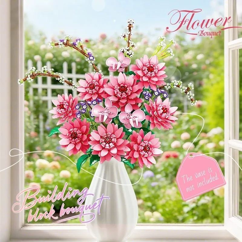Flower Bouquet Building Set for Home Decor - Willow, Orchid, Consolida Ajacis and Dahlia