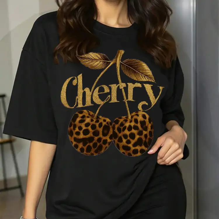 Leopard print cherry gold printed women's T-shirt, made of breathable and lightweight pure cotton material