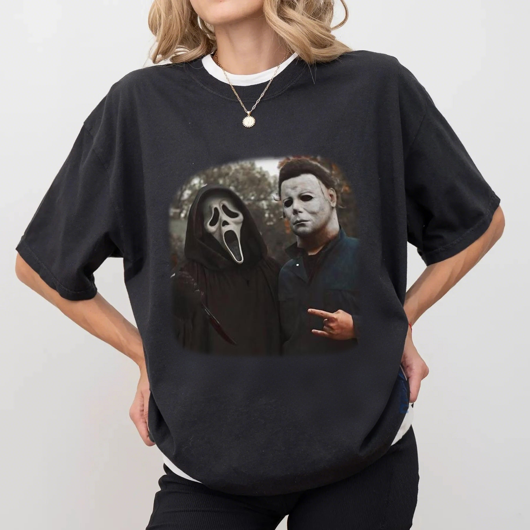 Vintage Halloween Horror T-Shirt - Ghost Face & Michael Myers Graphic Tee