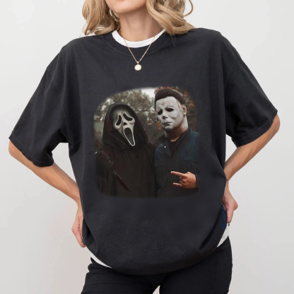 Vintage Halloween Horror T-Shirt - Ghost Face & Michael Myers Graphic Tee