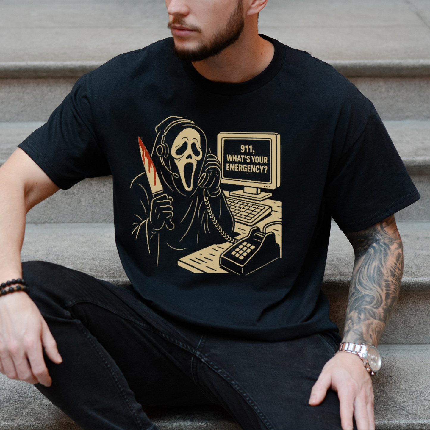 Ghostface 911 Call T-Shirt - Scary Halloween Tee