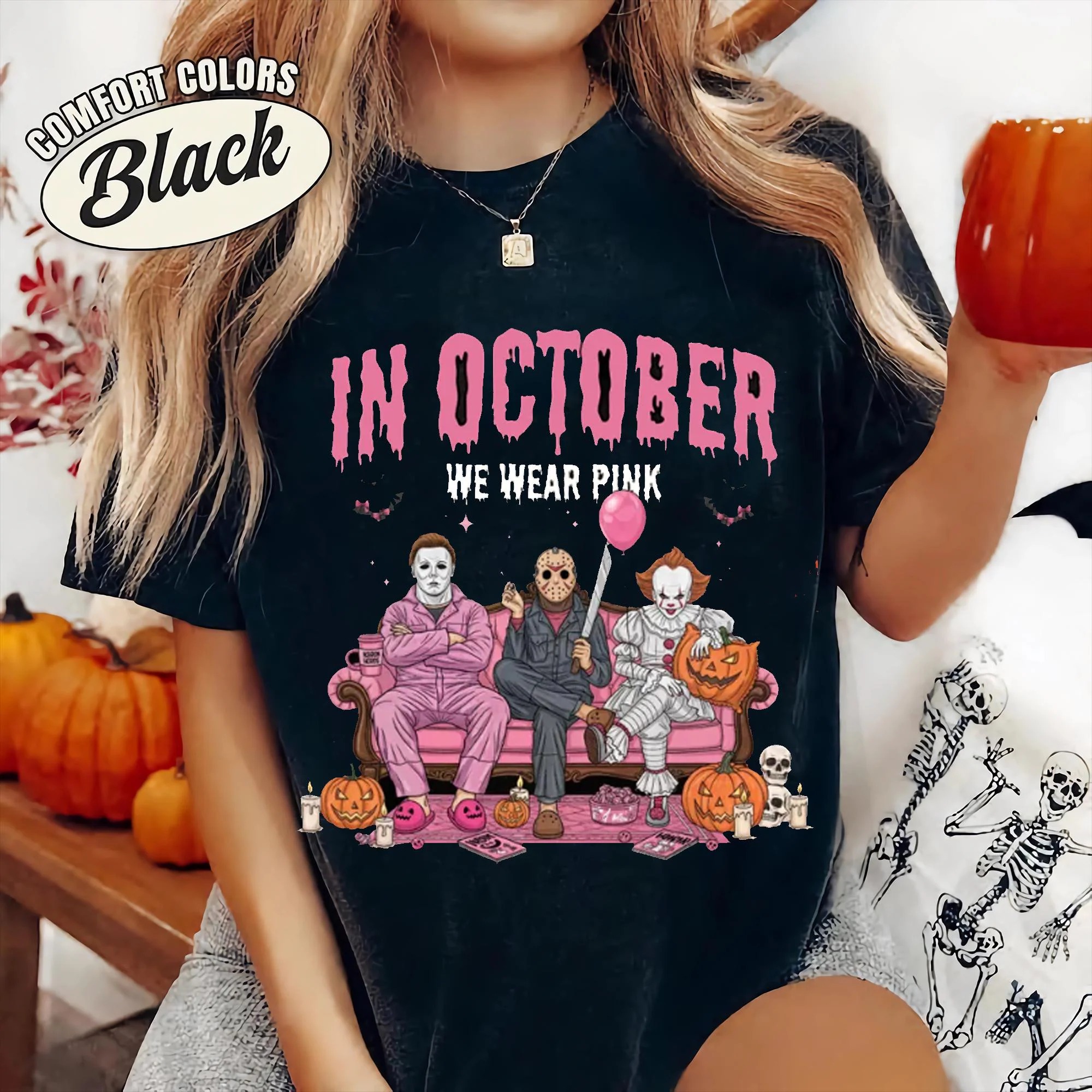 Halloween Horror Characters Breast Cancer Awareness T-Shirt