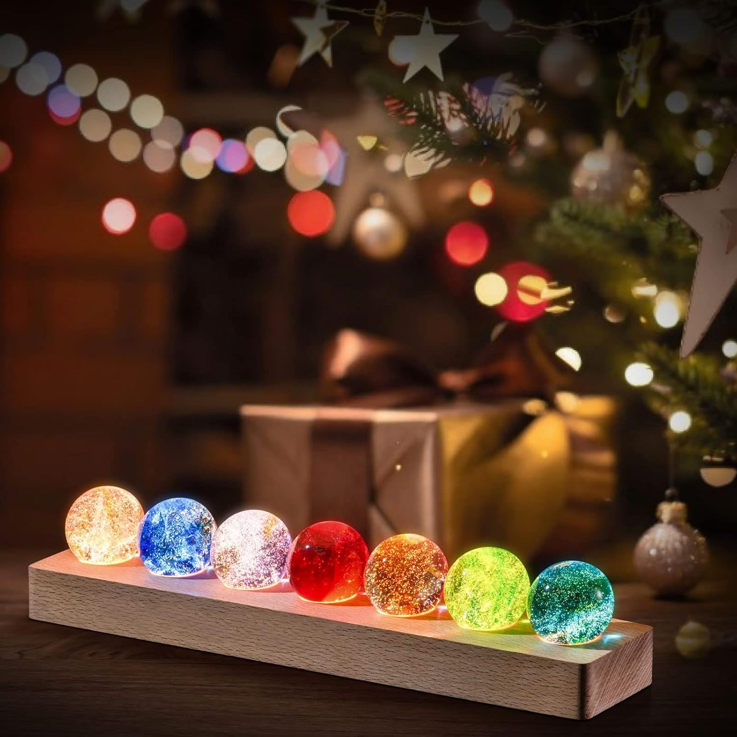 7 Colors Glass Crystal Ball Light with Wood Base