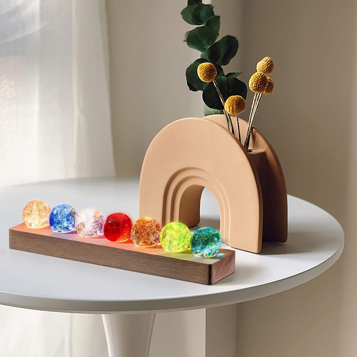 7 Colors Glass Crystal Ball Light with Wood Base