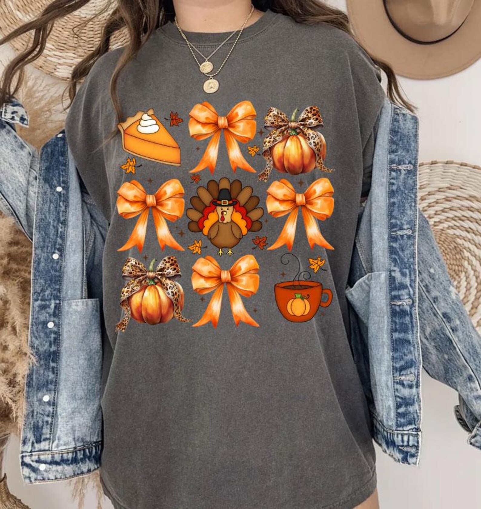 Coquette Bow Pumpkin Pie Turkey Thanksgiving Autumn Fall T-Shirt