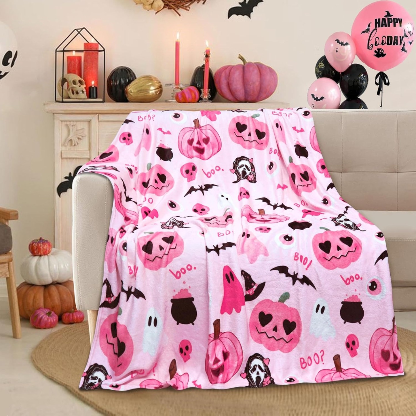 Pink Pumpkin Skull  Halloween Blanket