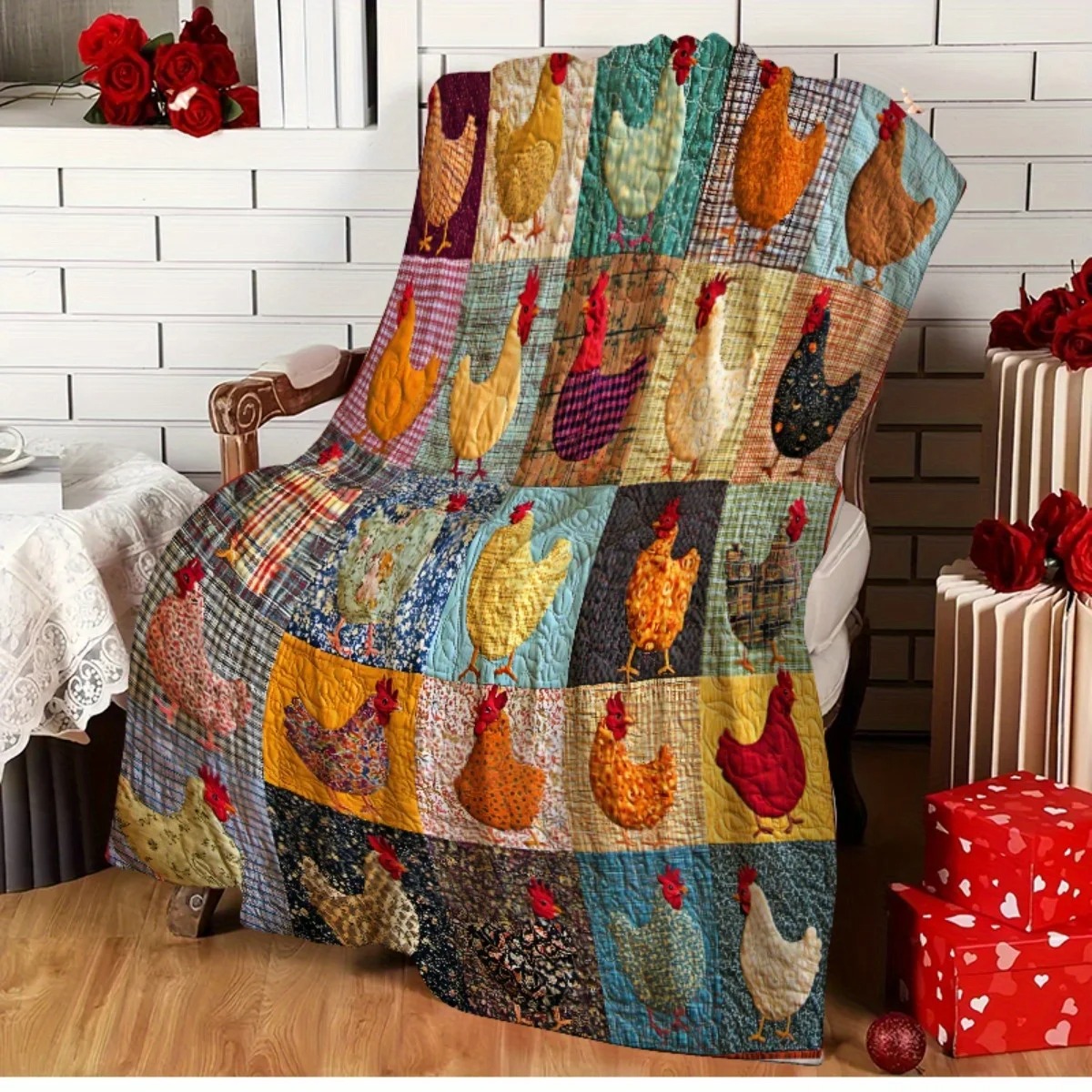 Colorful Chicken Patchwork Blanket