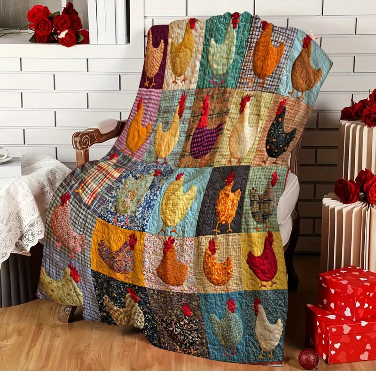 Colorful Chicken Patchwork Blanket