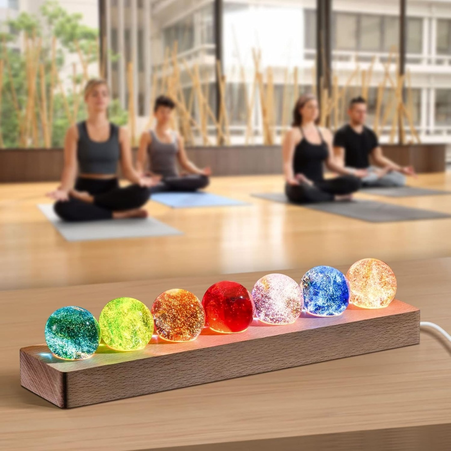 7 Colors Glass Crystal Ball Light with Wood Base