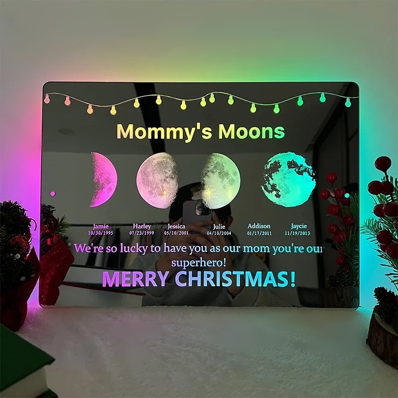 Custom Led Mirror Light Frame With Text And Date - Mommy's Moons
