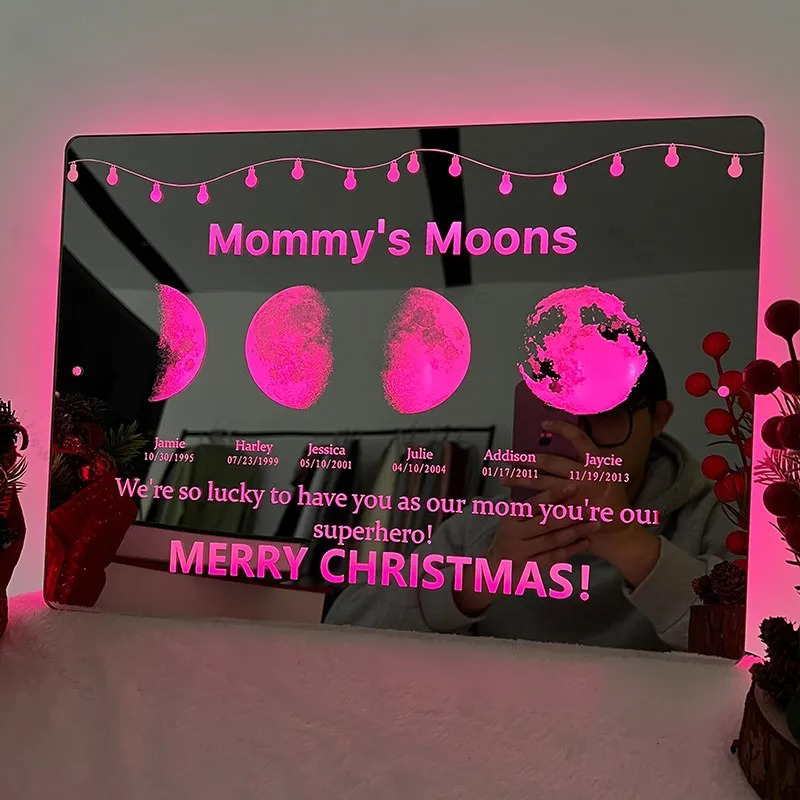 Custom Led Mirror Light Frame With Text And Date - Mommy's Moons