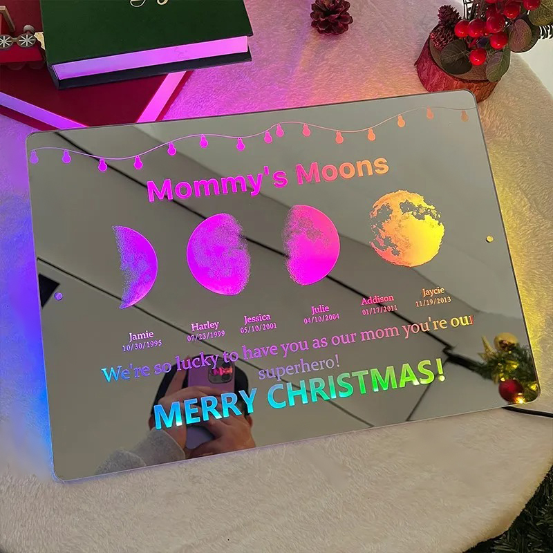 Custom Led Mirror Light Frame With Text And Date - Mommy's Moons