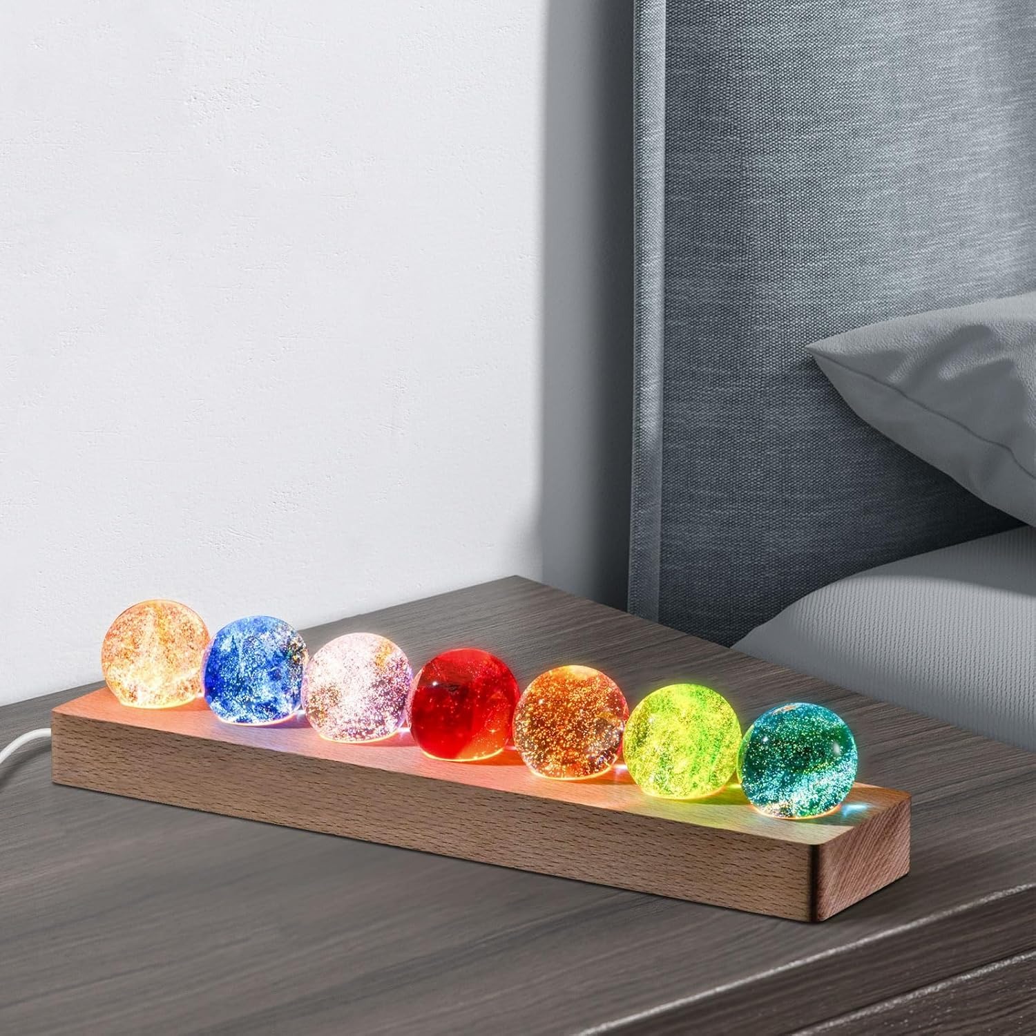 7 Colors Glass Crystal Ball Light with Wood Base