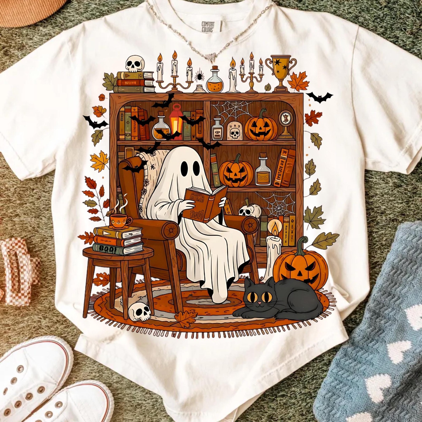 Retro Cozy Ghost Reading Halloween T-Shirt