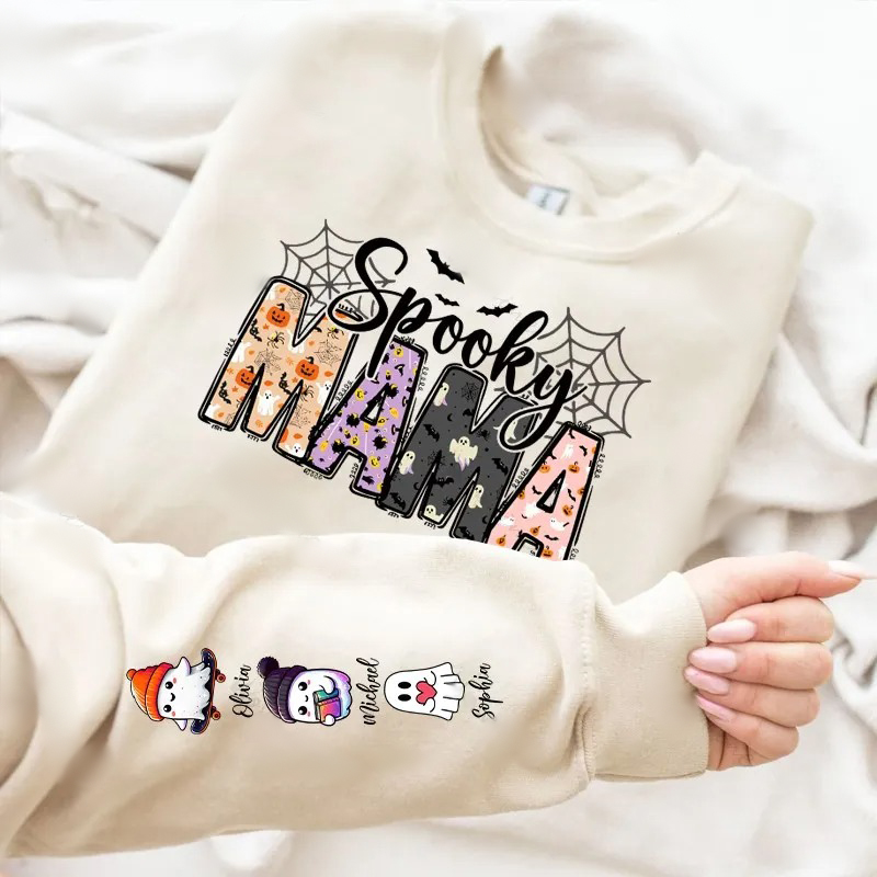 Halloween Mama Wears Her Ghost Kids on Her Sleeve Custom Sweatshirt (Image Collection Version)